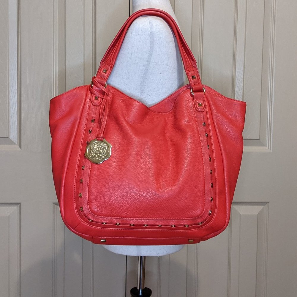 Vince Camuto Pebbled Leather -Stunning Coral Red Studded Bucket Bag